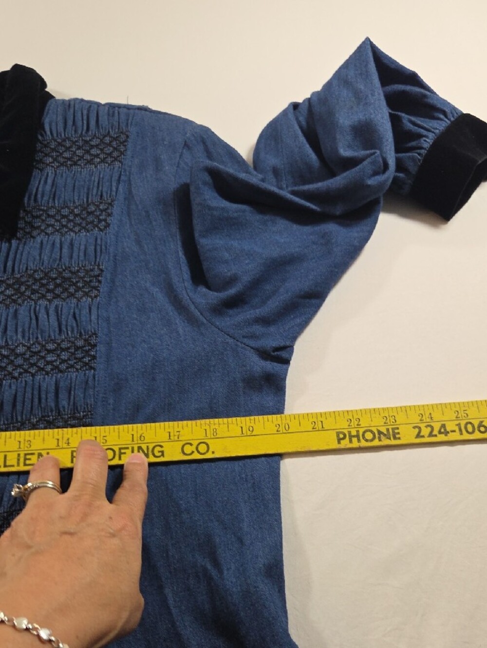 Coldwater Creek Denim  Long-Sleeve Button-Front Dress Smocked Velvet Black Trim - Picture 9 of 9